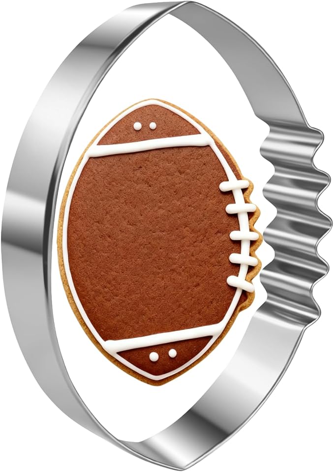 Football Cookie Cutter, Stainless Steel with Sawtooth Detail - Oval American Football Baking Tool for Tailgate, Sports Theme Party Treats, Fan Gifts (4x2.8 inch)