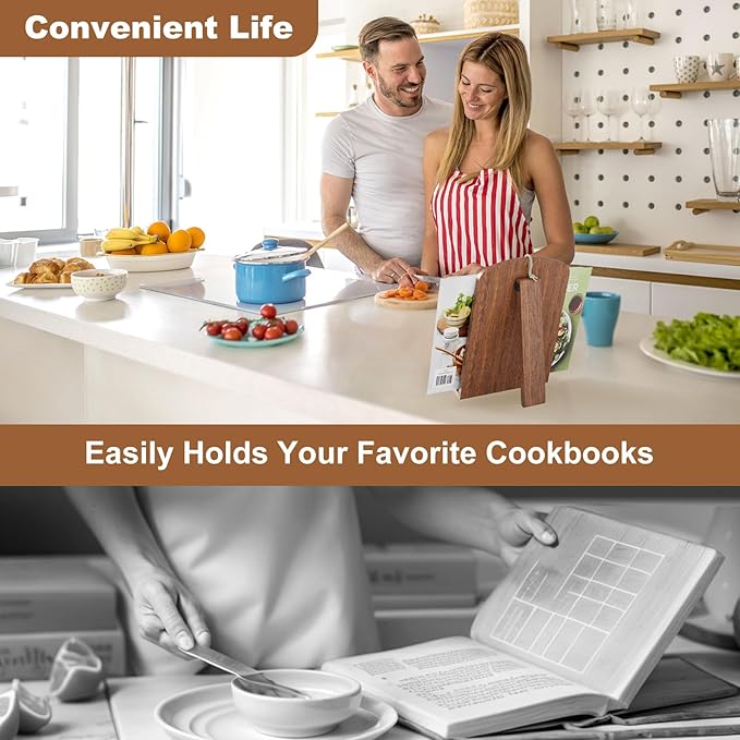 Wooden Cookbook Stand for Kitchen Counter, Rustic Brown Cook Book Stand fits Hanging or Countertop Display, Recipe Book Holder with Adjustable Angle, Wood Cooking Book Stands, Bible Display Holders