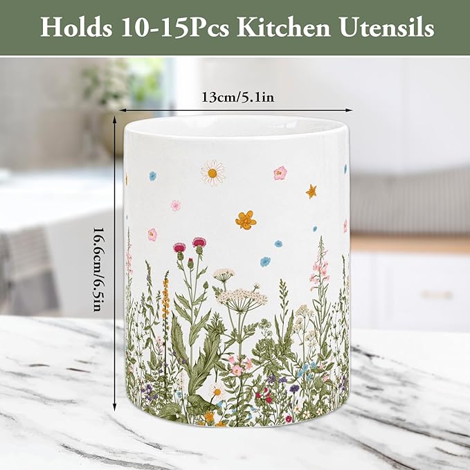 Whaline Wildflower Ceramic Utensil Holder Vintage Wild Floral Utensil Crock for Home Kitchen Countertop Storage Organizer Container
