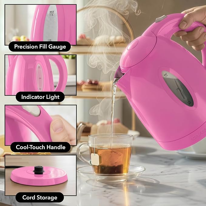 OVENTE Electric Kettle, 1.7L Fast Boiling Water Heater for Coffee or Tea, BPA Free with Water Level Gauge, Auto Shut-Off, Boil-Dry Protection, Indicator Light and Removable Filter, Pink KP72P
