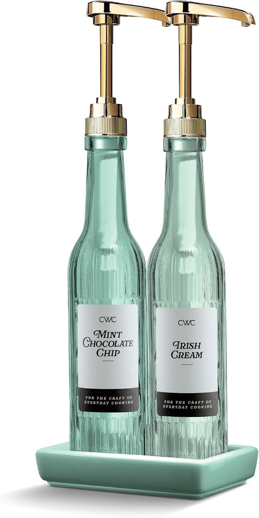 COOK WITH COLOR Glass Coffee Syrup Dispenser with Pump- Set of 2 Syrup Bottles for Coffee Bar, Decorative 350 ML Bottle with Ceramic Holder, Funnel, Labels and Extra Pumps, Textured Sage