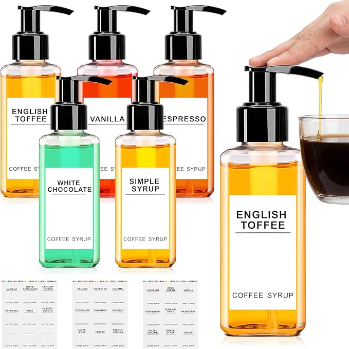 Nuogo 6 Pcs Coffee Syrup Dispenser Bottles Set 750ml, 500ml, 300ml, 150ml PET Black Syrup Bottles with Pump Dispenser 27 Labels for Coffee Bar Kitchen Accessories Portable Travel(5 oz,Square)