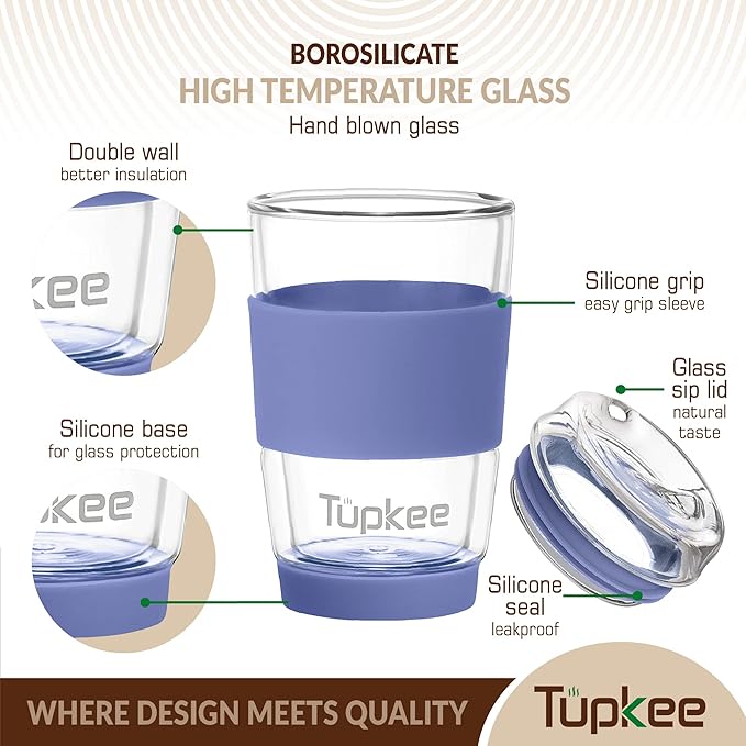 Double Wall Glass Tumbler - 8-Ounce, All Glass Hand Blown Reusable Insulated Tea/Coffee Mug & Lid, Travel Mug - Jacaranda