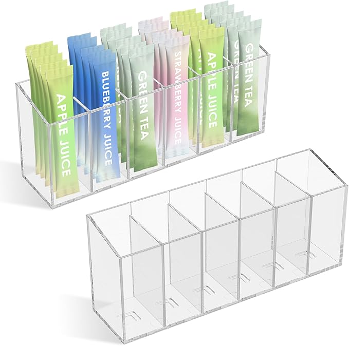 2Pcs Transparent Tea Packet Storage Container Plastic Coffee Packet Holder Organizer Clear Pantry Organizer Bin with 5 Removable Dividers