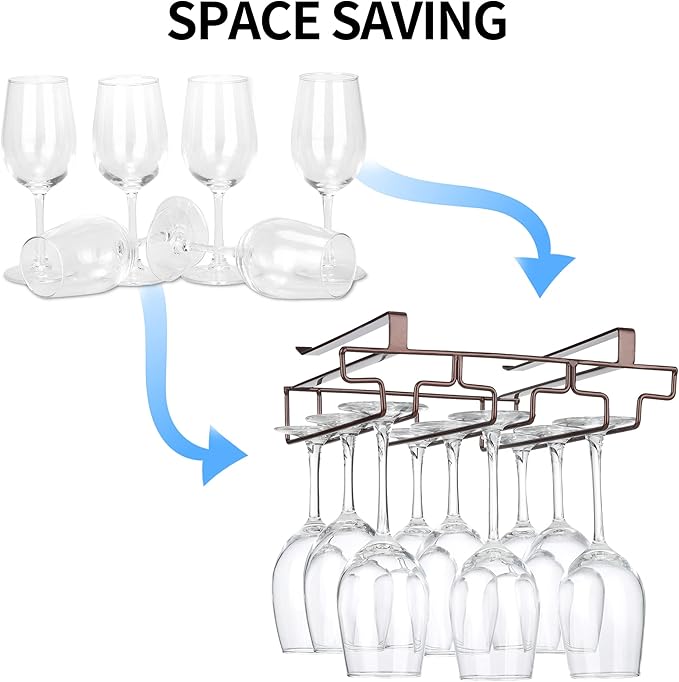 Wine Glass Rack Under Cabinet Drilling Free No Screw Steamware Holder Under Shelf Metal Wine Glasses Holders 304 Stainless Steel Hanger Storage Organizer Hanging Glass Fit for Bar Kitchen 3 Rows Brown