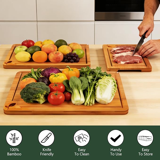 Cutting Boards for Kitchen, Bamboo Cutting Board Set of 3 with Storage Stand, Carbonized Chopping Boards with Deep Juice Grooves and Handles for Meat, Bread, Dough Kneading and Food Prep
