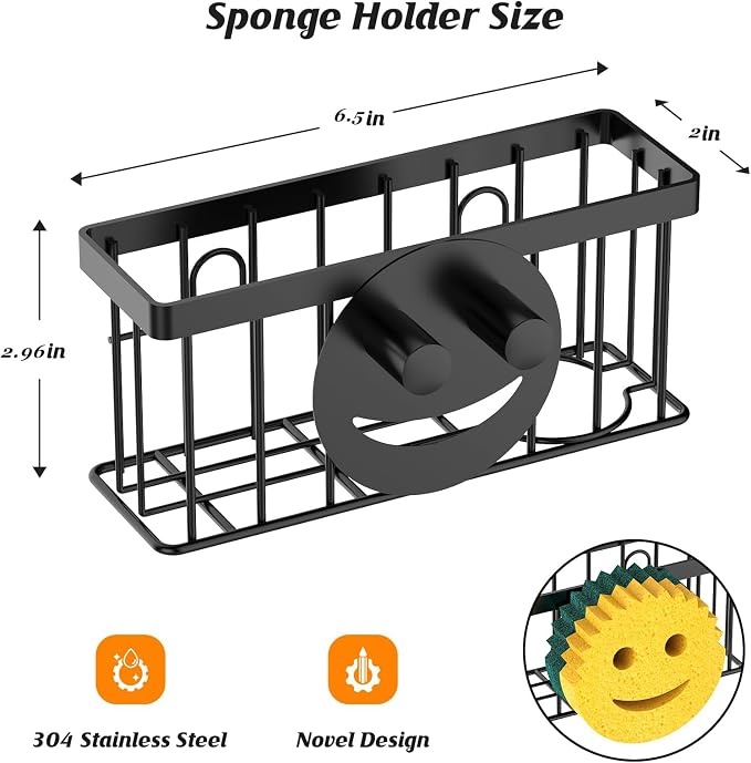 MURLONG Sponge Holder Smiley Face, Sink Organizer with 2 Suction Cups/1 Adhesive Strips, Designed for Sponge, Soap, Dish Brush, Scrubber - Black