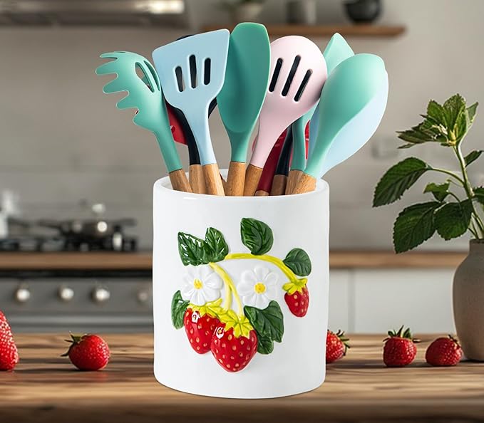 dgudgu Strawberry Kitchen Utensil Holder for Countertop Ceramic Utensil Crock for Kitchen Counter with Carved Strawberry Vine Design White Farmhouse Countertop Organizer for Spoons,Spatulas(white)