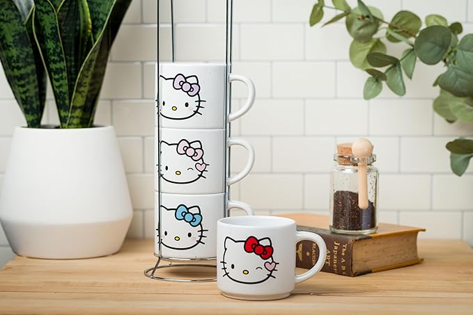 Silver Buffalo Sanrio Hello Kitty Faces and Hearts 4pc Ceramic Mug Stack Set, 10 Ounces