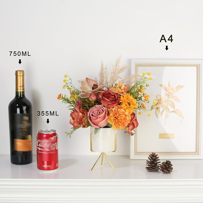 Artificial Flower Arrangement with Ceramic Vase and Gold Metal Stand, Orange and Terracotta Mixed Seasonal Flowers, 12x9 Inches, Silk, Dining Room Centerpiece