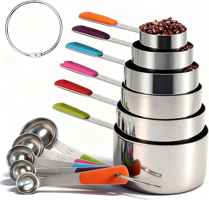 Bopei Measuring Cups and Spoons Set Stainless Steel 11 Piece for Cooking and Baking (6 Cups + 5 Spoons, Colorful Handles)