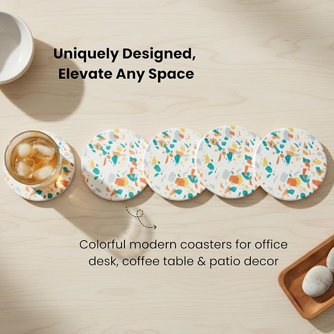 Terrazzo Coasters Set of 6, Ceramic Absorbent Drink Coasters, Cute Mid Century Boho Coaster, Coffee Table Desk Decor, Colorful Stone Coaster for Drinks