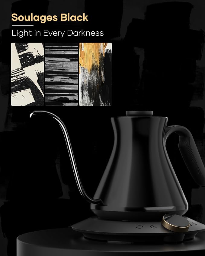 Cocinare Gooseneck Electric Kettle, ±0.5°F Precision Temperature Control for Pour-Over Coffee & Tea, 0.6L, Master Soulages Black Collection