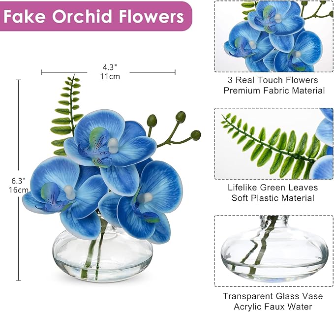 Oairse Blue Orchids Artificial Flowers Faux Orchids Arrangement in Clear Glass Vases Set of 3 Real Touch Phalaenopsis Orchid Flowers Small Fake Orchid Centerpiece for Dining Room Table