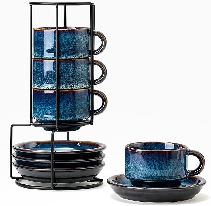 JIEMEI HOME Porcelain Stackable Cappuccino Cups with Saucers and Metal Stand, 7 Ounce Espresso Cups for Latte Coffee Cafe, Specialty Coffee Drinks, Cappuccino and Tea - Set of 4, Midnight Tide