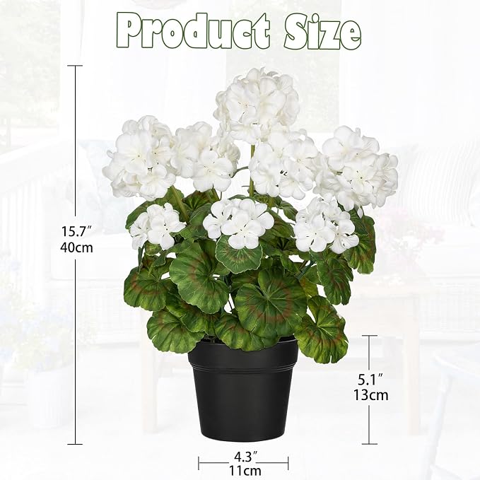 Briful Artificial Geranium Potted Plant – 16” Tall, Realistic Silk Flowers with Vibrant Green Leaves, White Geraniums Fake Flowers for Outdoors Home Décor, Wedding Farmhouse Office Tables Decor