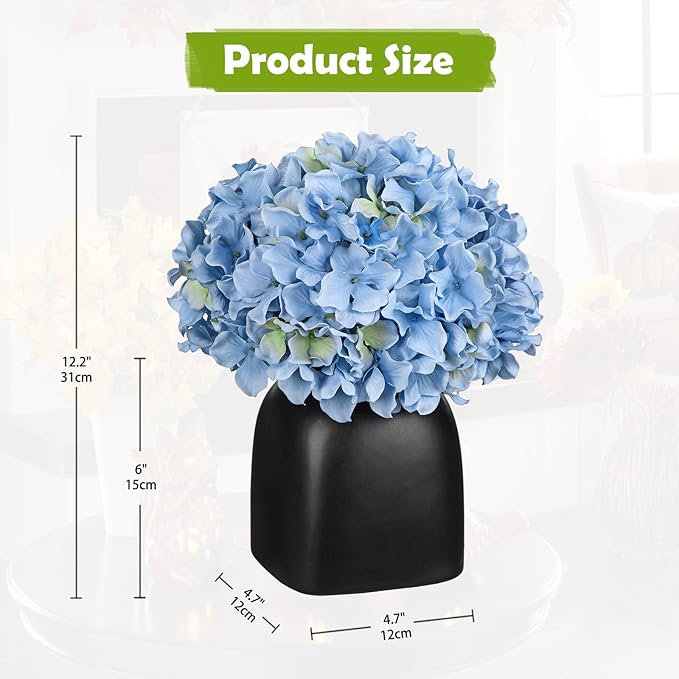 Briful Blue Hydrangea Artificial Flowers in Ceramic Vase, Black Vase Farmhouse Centerpieces for Tables, Dining Table Vase with Fake Flowers for Home Decor Indoor Kitchen Living Room