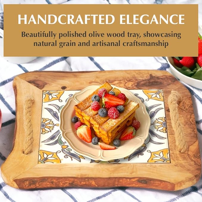 Kamsah Olive Wood Serving Tray with Handles (L:10”, W:10”) Decorative Square Serving Trays for Serving Food, Drinks, Tea, Coffee - Rustic Vintage Wooden Serving Tray for Table & Gifts - Arabesque