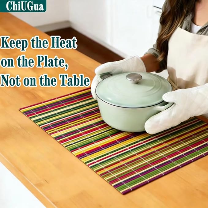4-Pack Bamboo Placemats,Woven Heat-Resistant Rectangular Table Mats, Natural Rectangular Dining Place Mats, Rustic Japanese Style Plate Mats for Indoor Dining, Kitchen and Party Use(Colorful
