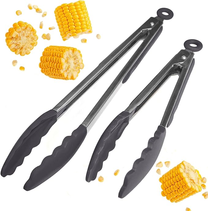 Starpack Get a Grip Silicone Kitchen Tongs (2-Pack, 9" + 12") - LFGB Non Toxic, 600°F Heat Resistant, BPA-Free - Heavy-Duty Stainless Steel, Locking - Dishwasher Safe for Nonstick Cookware Gray Black