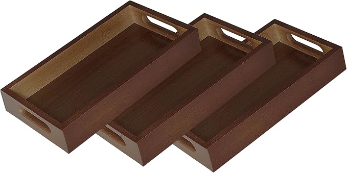 3 Pack Small Serving Mini Tray with Handles - 9.8 Inch Bamboo Tray | Rectangular Tray for Coffee Table, Kitchen Counter, Ottoman | Decorative Organizer for Drinks, Snacks, Bathroom Essentials