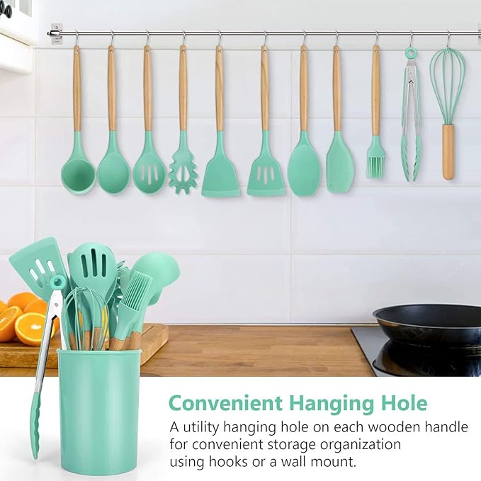 Silicone Kitchen Cooking Utensils Set,12 pcs Non-stick Silicone Kitchen Utensils Set 446°F Heat Resistant, BPA Free, Stirring cooking Set Spatula Turner Spoon Tongs Whisk(Dark Green)