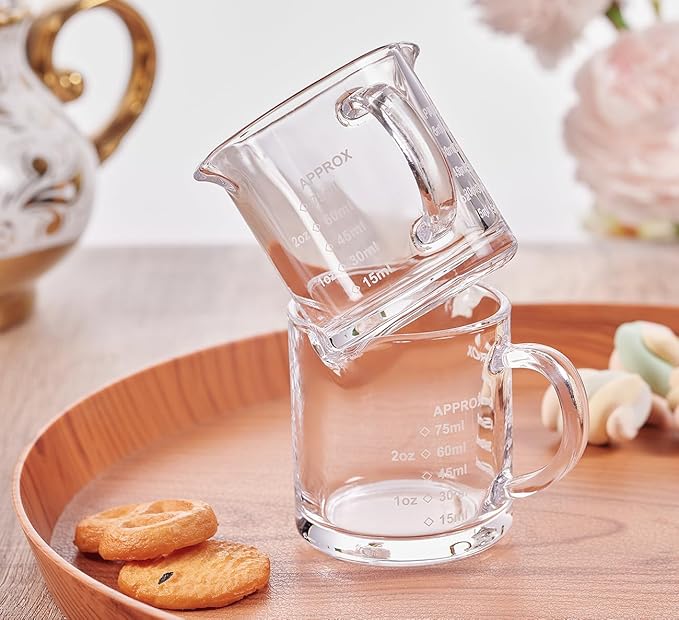 Ackers Espresso cup with Handle, Thickened Bottom and Wall, Double V-Shaped Spout,2.5OZ Milk Frothing Pitcher,75ML Milk Cup with Handle, Espresso Accessory (Pack of 4)