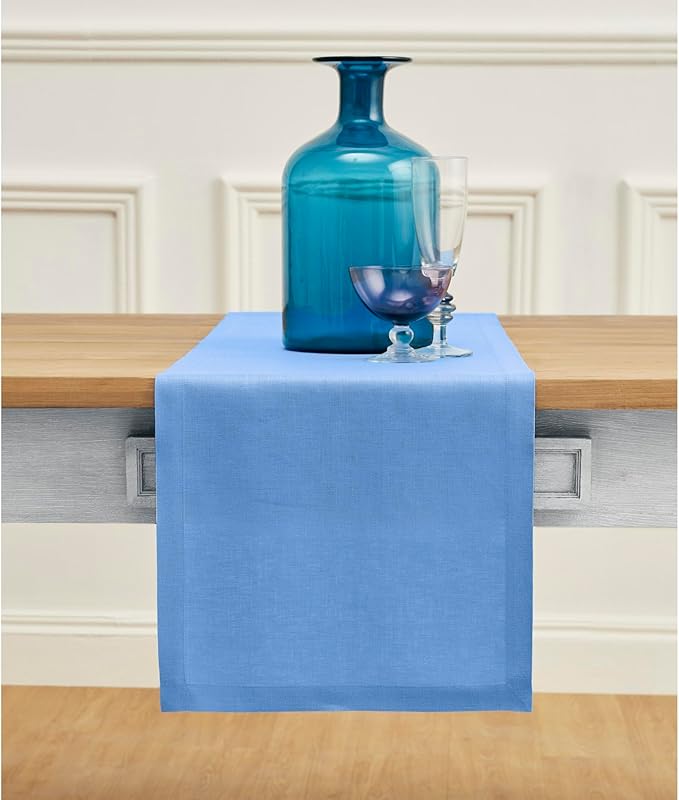 Solino Home Linen Table Runner 108 Inches Long - 100% Pure Linen Provence Blue Dining Table Runner 14 x 108 Inch - Fete - Spring, Summer