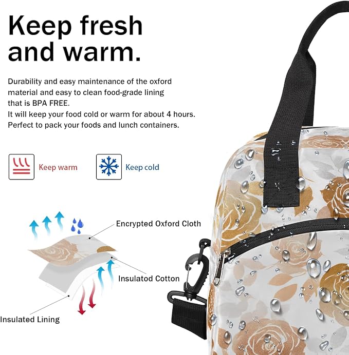 Pardick Golden Rose Flower Insulated Lunch Bag for Women Leakproof Lunch Box Large Cooler Thermal Tote Bag with Shoulder Strap Meal Prep Bags for Work School Office Picnic Teen Girls Adult