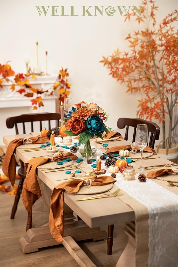 Artificial Flowers in Vase with Fake Water, Faux Silk Peony Dahlia Bouquet, Teal Burnt Orange Flowers Arrangement for Dining Table Centerpiece Wedding Party Spring Home Decor & Birthday Gift