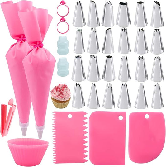 36Pcs Pink Piping Bags & Tips Set,24 Stainless Steel Nozzle Icing Tips With 2 Reusable Silicone Pastry Bag,Icing Smoother,Silicone Baking Cups,2Couplers Cake Decorating Tools Kit For Baking Decorating