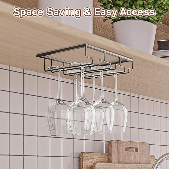 Wine Glasses Rack Under Cabinet, Wine Glass Holder, Stemware Rack, Stemware Wine Glass Holder Glasses Storage Hanger Metal Organizer, Hanging Stemware Holder for Bar Kitchen(3 Rows Matte Black)