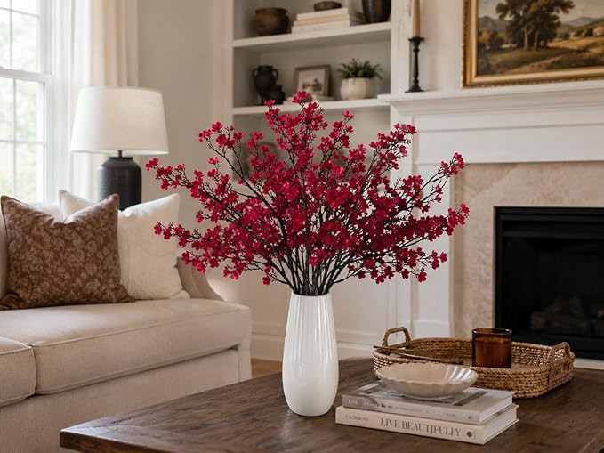 Mandy's Burgundy Artificial Baby’s Breath Flowers 15 Bundles Silk Gypsophila, 18.5 Inch European Style Modern Home Decor Centerpiece, Neutral Wedding Flower Arrangements