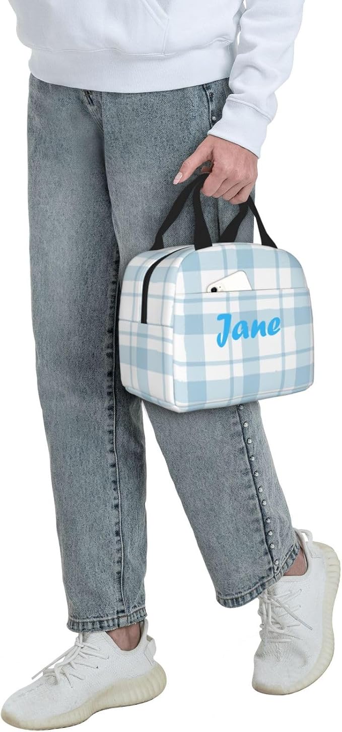 Custom Lunch Bag Plaid Blue Check Personalized Insulated Lunch Box with Name Reusable Cooler Tote for Adults Student Girl Boy Work Office School Picnic Over 3 Years Old
