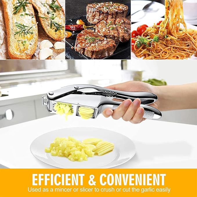 2-in-1 Garlic Press Stainless Steel Garlic Slicer, Silver Garlic Mincer Handheld Garlic Crusher, Easy to Clean and Squeeze Garlic Masher, Dishwasher Safe