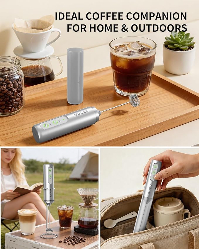CIRCLE JOY Rechargeable 2-Speed Handheld Milk Frother with Stand, Dual Spring Whisk Electric Foamer, Portable & Detachable Coffee Frother Wand, Drink Mixer for Lattes, Macchiato, Hot Chocolate, Silver