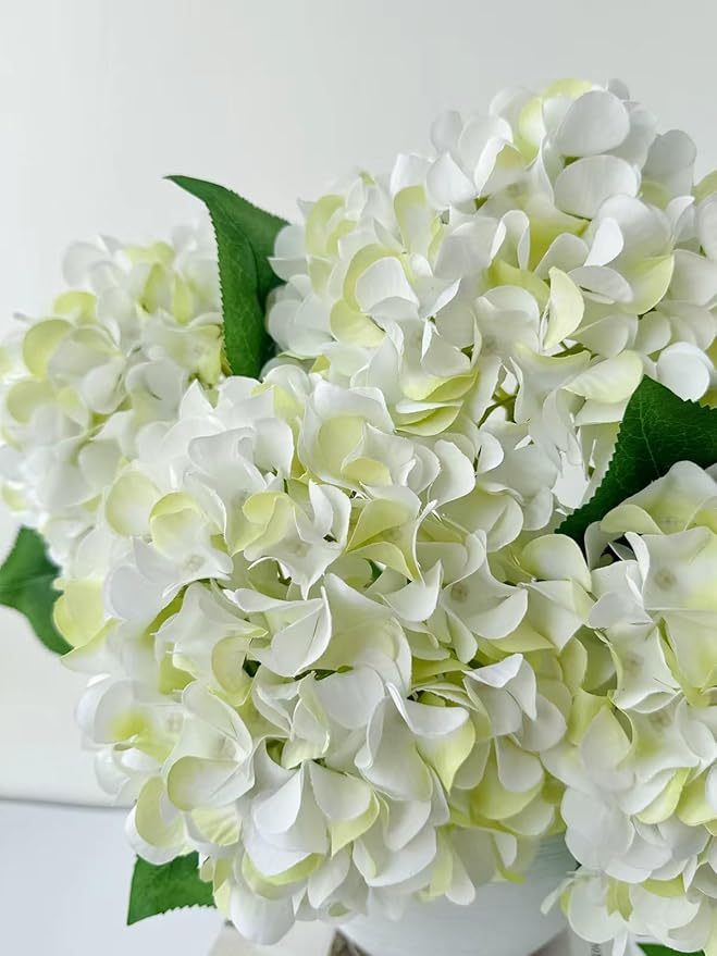 ZYTUYO 5 Pcs White & Light Green Silk Hydrangeas Artificial Flower Boho Dried Touch 20'' Faux Hydrangeas for Indoor Home Decor Kitchen Living Room Outdoor Porch Wedding Flower Arrangement