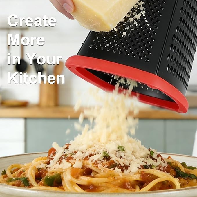 Ourokhome Cheese Grater with Handle, Stainless Steel Box Grater, 4 Side Kitchen Vegetable Shredder Slicer Zester with Container for Parmesan, Cabbage, Ginger, Lemon, Chocolate, Coconut (Red and Black)