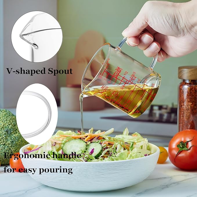 Ackers Mirror Graduated Glass Measuring Cup - [Insulated Handle | V-Shaped Spout] - High Borosilicate Glass Measuring Cup for Kitchen or Dining, Easy to Read, 250ml (8oz, 1 Cup)