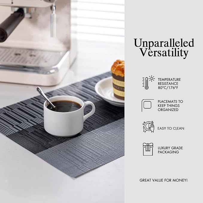 Placemats Set of 4 - Easy Clean Woven Vinyl Placemats for Dining Table, Indoor/Outdoor Place Mats, Washable PVC Table Mats （Silver Gray Black）