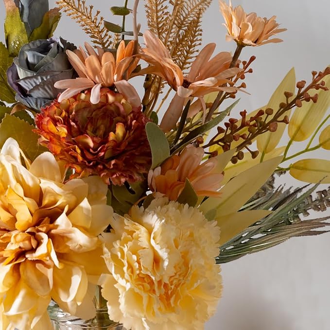 LESING Dahlia Flower Aritificial Flower with Vase Fake Silk Flowers in Glass Vase Faux Rose Flowers Arrangement for Home Office Table Centerpiece Decoration (Coffee)