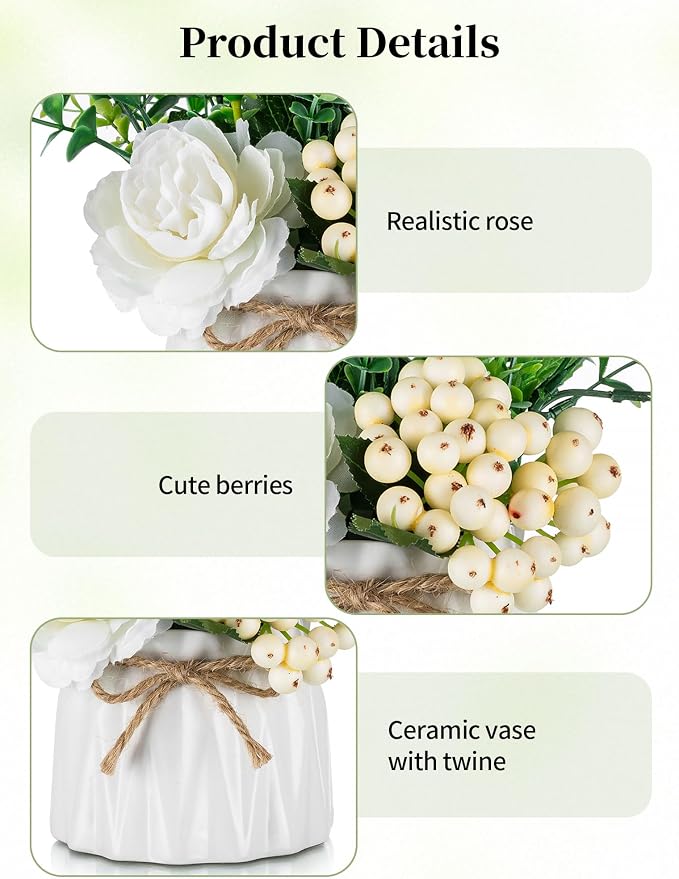BLOSMON Table Decor Artificial Flowers Vase 7 Inch Small Fake Flower White Arrangement 2pcs Floral Arrangement for Tables Centerpieces Kitchen Dining Room Decorations Faux Flower in Vase Silk Roses