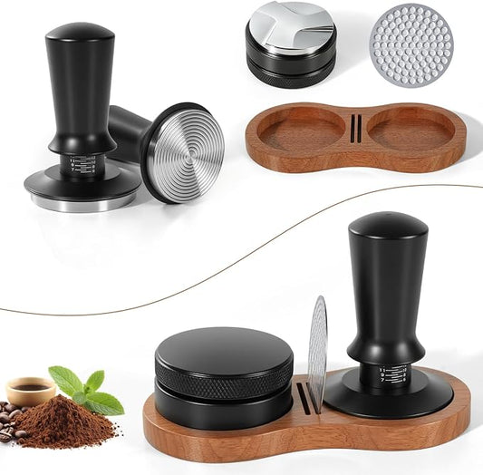 Espresso Tamper Kit 4 PCS with Wooden Tray - 58mm Coffee Distributor, Puck Screen & Spring Tamper for Delonghi Breville Commercial Machines
