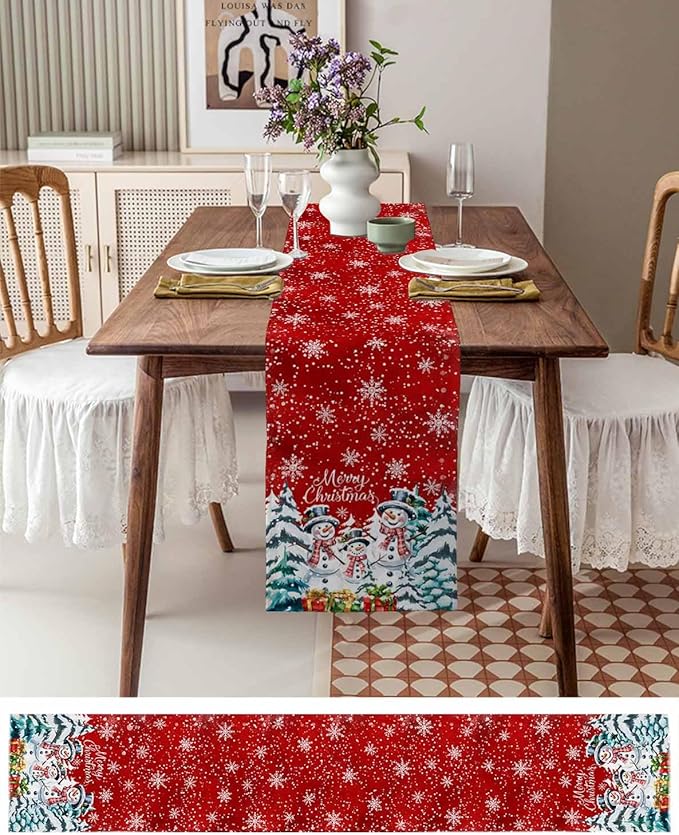 Christmas Table Runner - 120 Inch Long, Snowman Dining Tablerunner Xmas Tree Kitchen Dresser Scarves, Winter Snowflake Farmhouse Red Merry Christmas Decor for Coffee Table Wedding Party Banquet