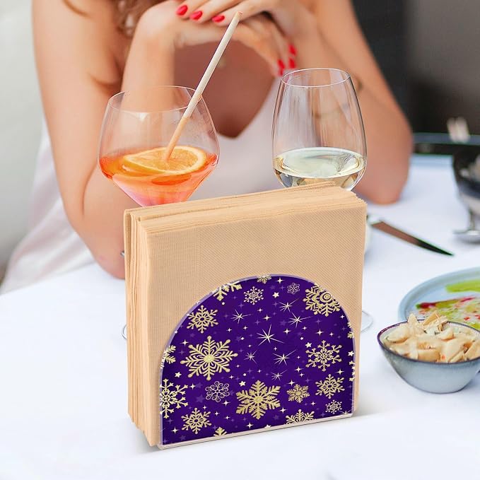 Winter Violet Purple Gold Snowflakes Christmas Napkin Holder for Tables Paper Cocktail Napkin Holders for Kitchen Dinning, Acrylic Dinner Napkin Dispenser for Restaurant Home Decor Bar Accessories
