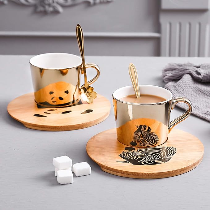 ABHOME Large Mirror Cup and Saucer Set 8.5 oz Panda Gift Ceramic Animal Espresso Cups with Saucers and Spoon 8 Ounce, Tea Coffee Cup with Spoon and Wood Saucer, Set of 2, Golden