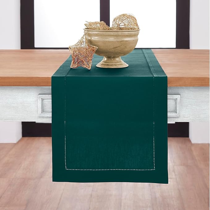 Solino Home Cotton Linen Dark Green Table Runner 120 Inches Long - Hemstitch 14 x 120 Inch Table Runner - Handcrafted and Machine Washable