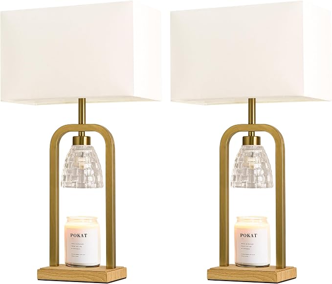 PoKat Gold Table Lamp Candle Warmer, Candle Warmer Lamp with Timer Dimmer, Wax Light Warming Table Lamp for Jar Candles, Modern Bedside Lamp for House Warming Home Decor Living Room, Bulb Included