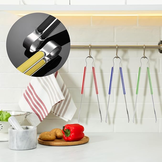 10 Pack Stainless Steel Kitchen Tong, 10 inch Heavy Duty Serving Tong with Heat-Resistant Handle, Grill Clamp Beefsteak Clip in 10 Colors for Cooking, BBQ, Meat, Salad, Ice