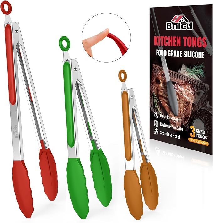 600ºF Heat Resistant Kitchen Tongs, Premium Locking Cooking Tongs with Silicone Tips, Non-Slip Food Tongs for Cooking, Non-Stick, Heavy Duty Stainless Steel Handle, Set of 3-7" 9" and 12" Multicolor